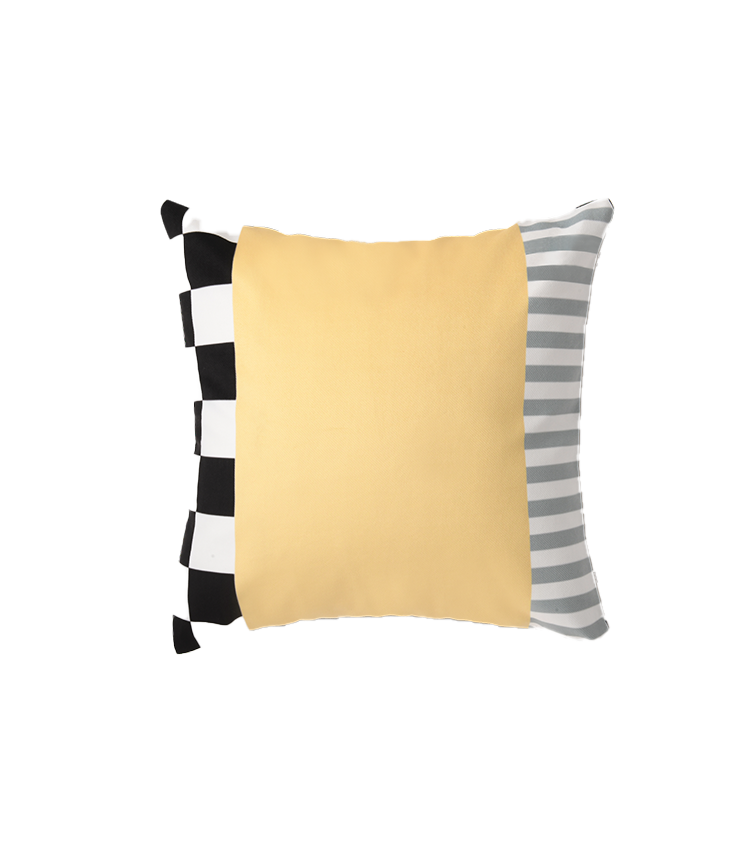 Cream Soda Designer Cushion - Casa Rolio designer cushion with black and white checkered pattern and soft grey stripes, paired with a smooth cream-coloured center. A luxury throw pillow to add a contemporary touch to your space.