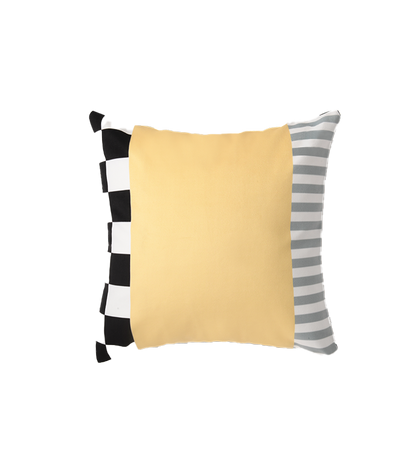 Cream Soda Designer Cushion - Casa Rolio designer cushion with black and white checkered pattern and soft grey stripes, paired with a smooth cream-coloured center. A luxury throw pillow to add a contemporary touch to your space.