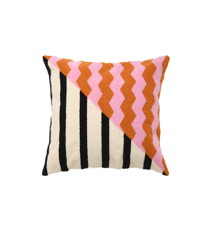 Deconstructed Designer Cushion - Casa Rolio luxury cushion with a deconstructed zigzag and striped pattern in orange, pink, black, and cream. A designer throw pillow to elevate your home decor.