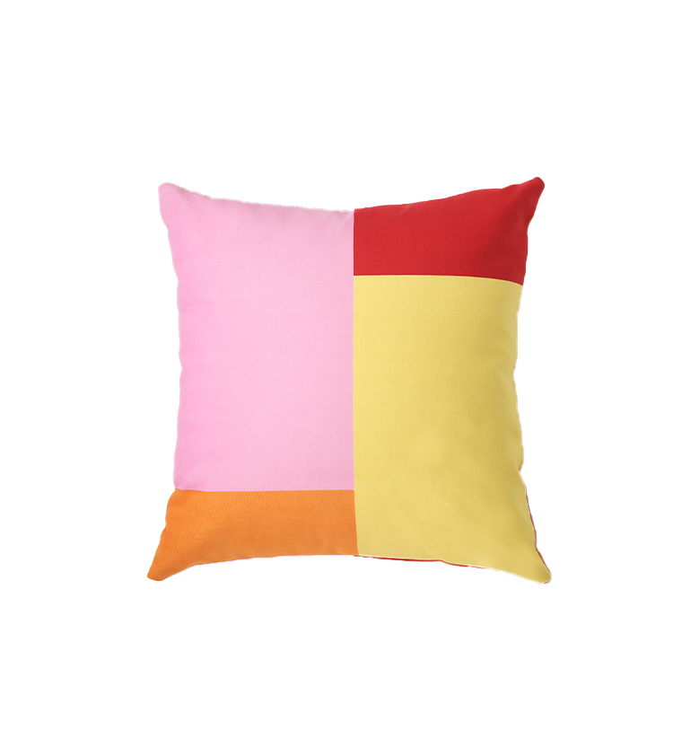 Rolio Cushion - Casa Rolio designer cushion featuring a bold geometric design with pink, red, yellow, and orange colours. A luxury cushion perfect for adding a pop of colour to any space. Ideal throw pillow for modern home decor