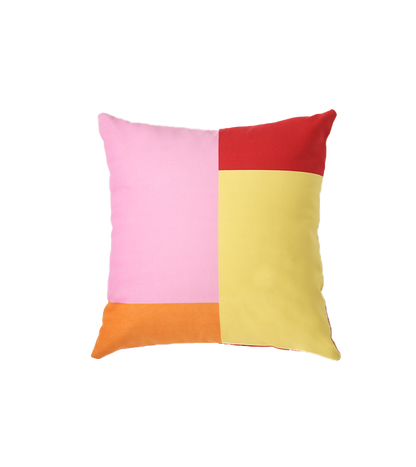 Rolio Cushion - Casa Rolio designer cushion featuring a bold geometric design with pink, red, yellow, and orange colours. A luxury cushion perfect for adding a pop of colour to any space. Ideal throw pillow for modern home decor